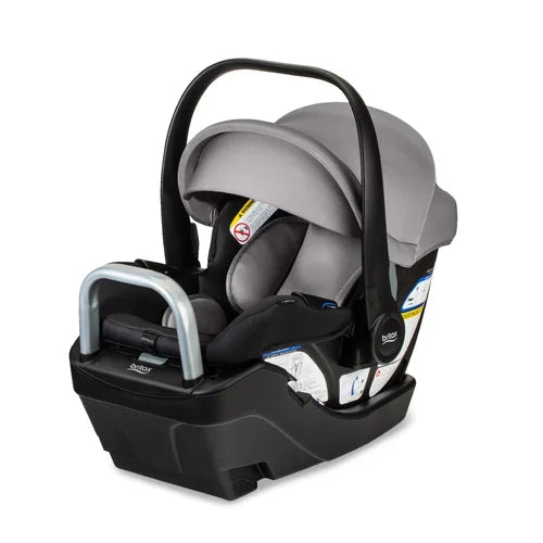 Britax Willow S Infant Car Seat in gray with raised carrying handle on its base.