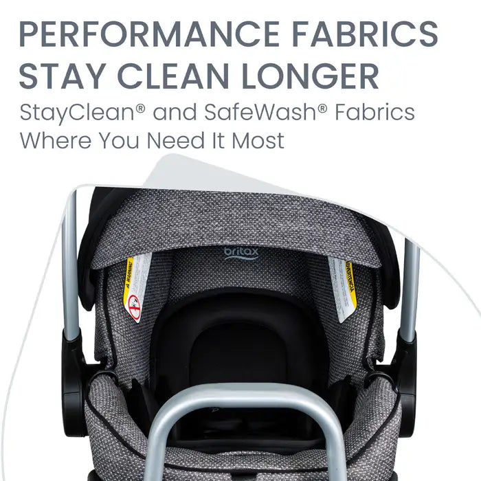 Britax Willow SC Car Seat with Alpine Base in gray fabric snapped onto a stroller frame for on-the-go travel.
