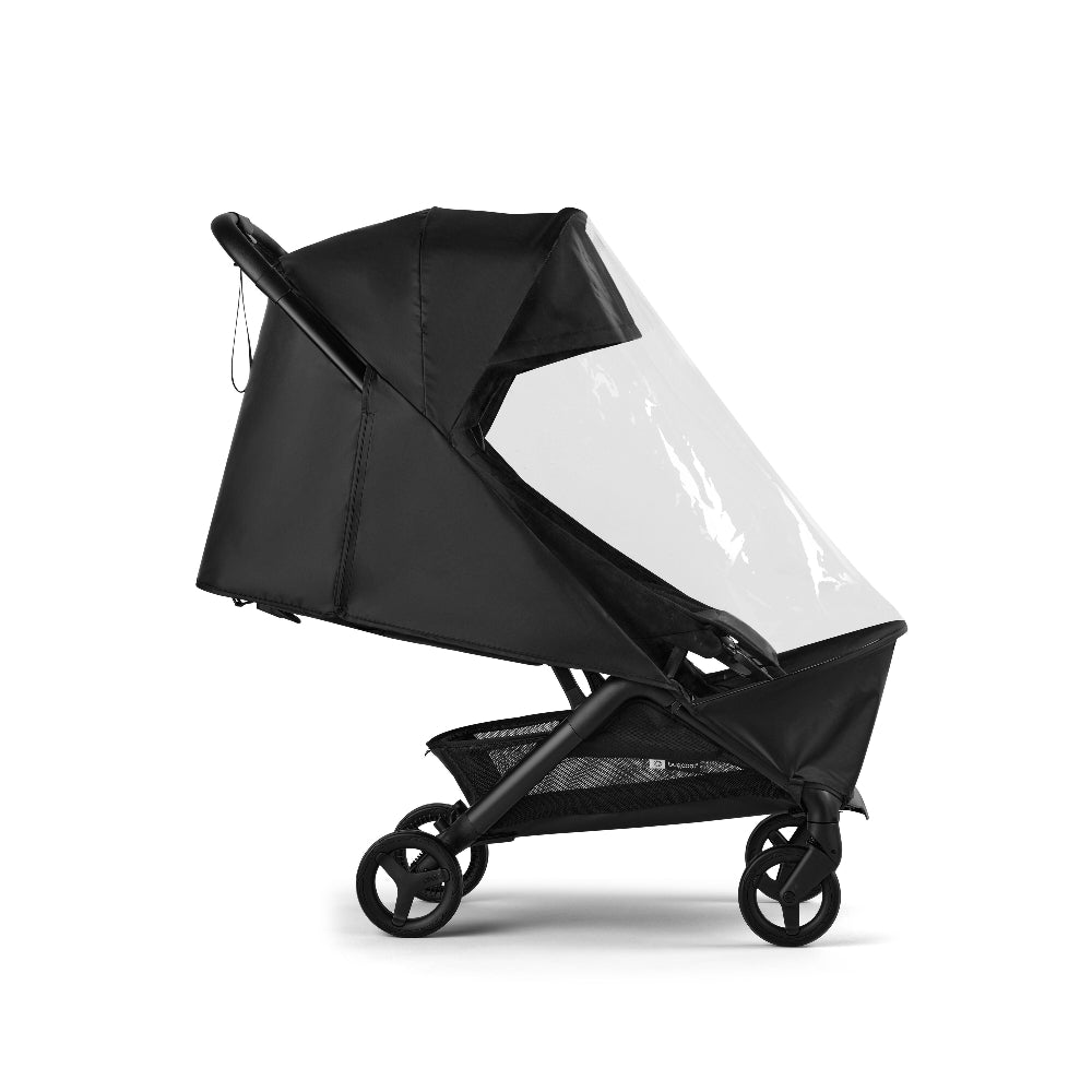 Bugaboo Butterfly 2 rain cover for stroller with clear canopy and black frame