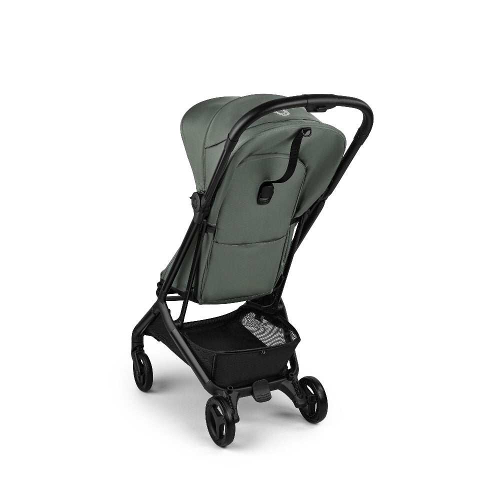 Bugaboo Butterfly 2 stroller in olive green with black frame and under-seat storage basket