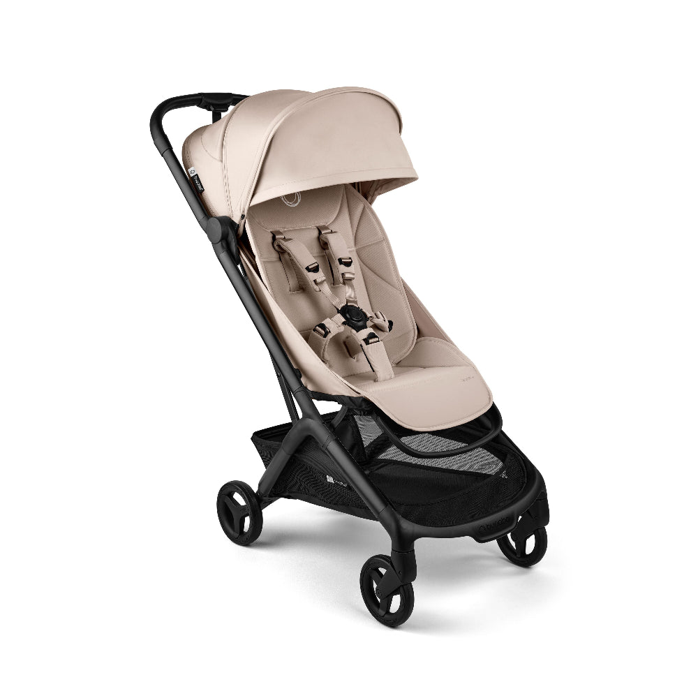 Bugaboo Butterfly 2 stroller, beige fabric with black frame and roomy storage basket