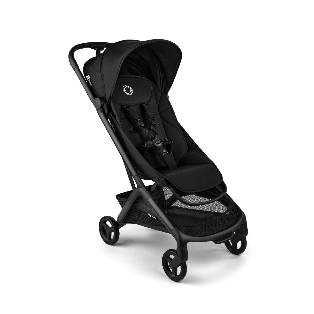 Bugaboo Butterfly 2 stroller, black with canopy, lightweight aluminum frame and four wheels.