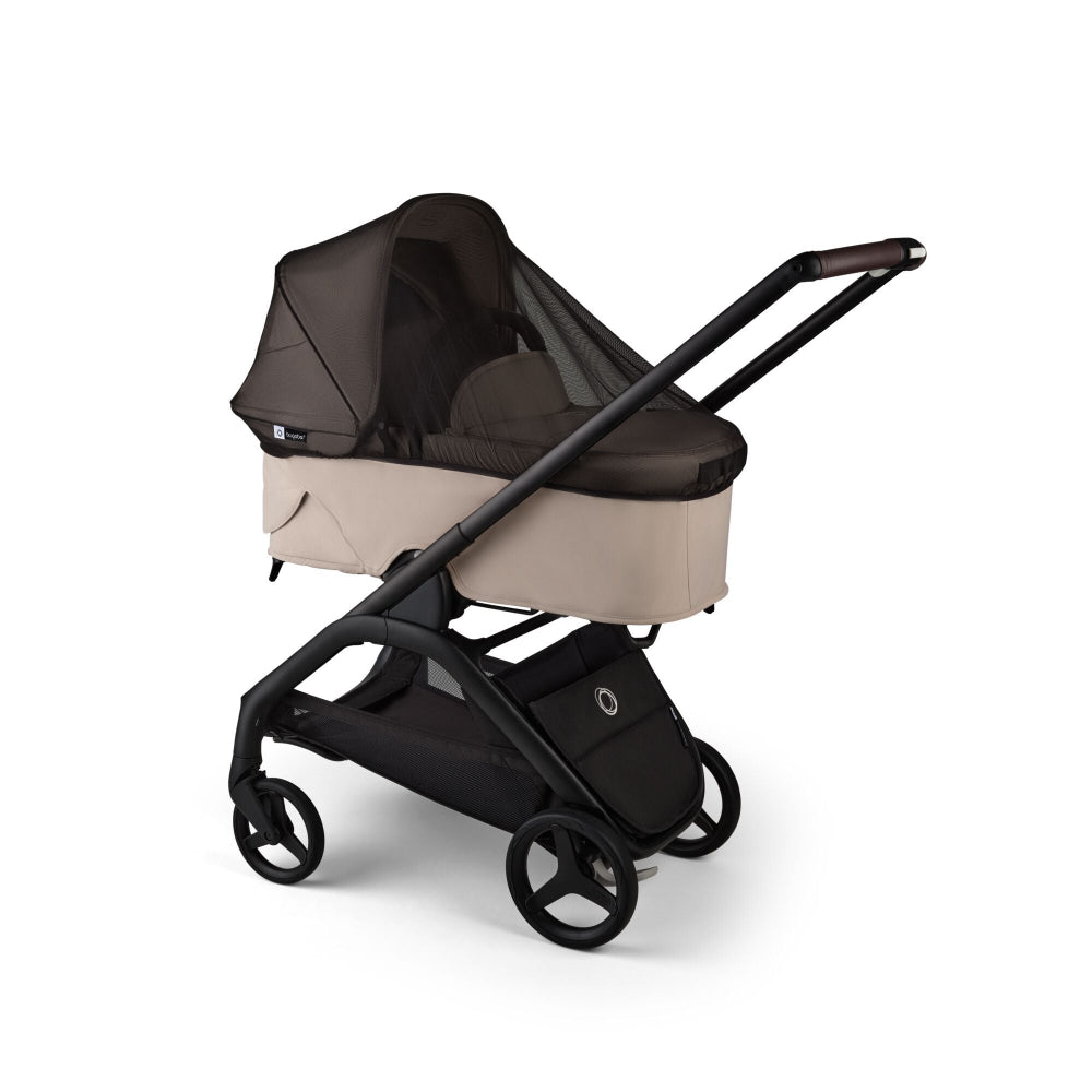 Bugaboo Butterfly/Dragonfly mosquito net over beige bassinet on black stroller frame