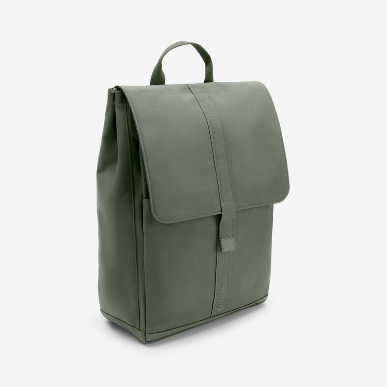 Bugaboo Changing Backpack olive green fabric, standing upright with top handle and secure front flap.