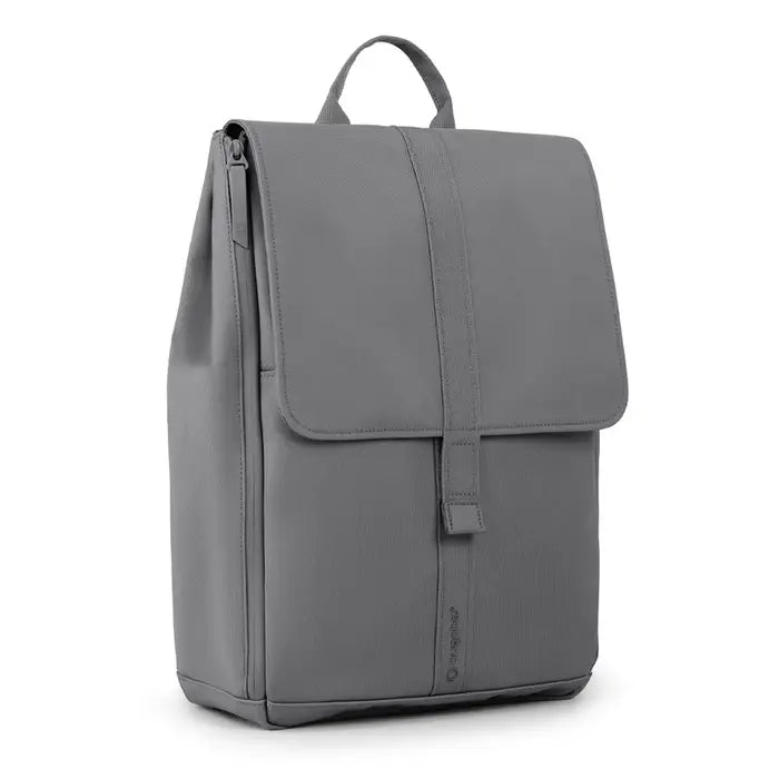 Bugaboo Changing Backpack gray, standing upright with top carry handle and front flap strap closing the bag.
