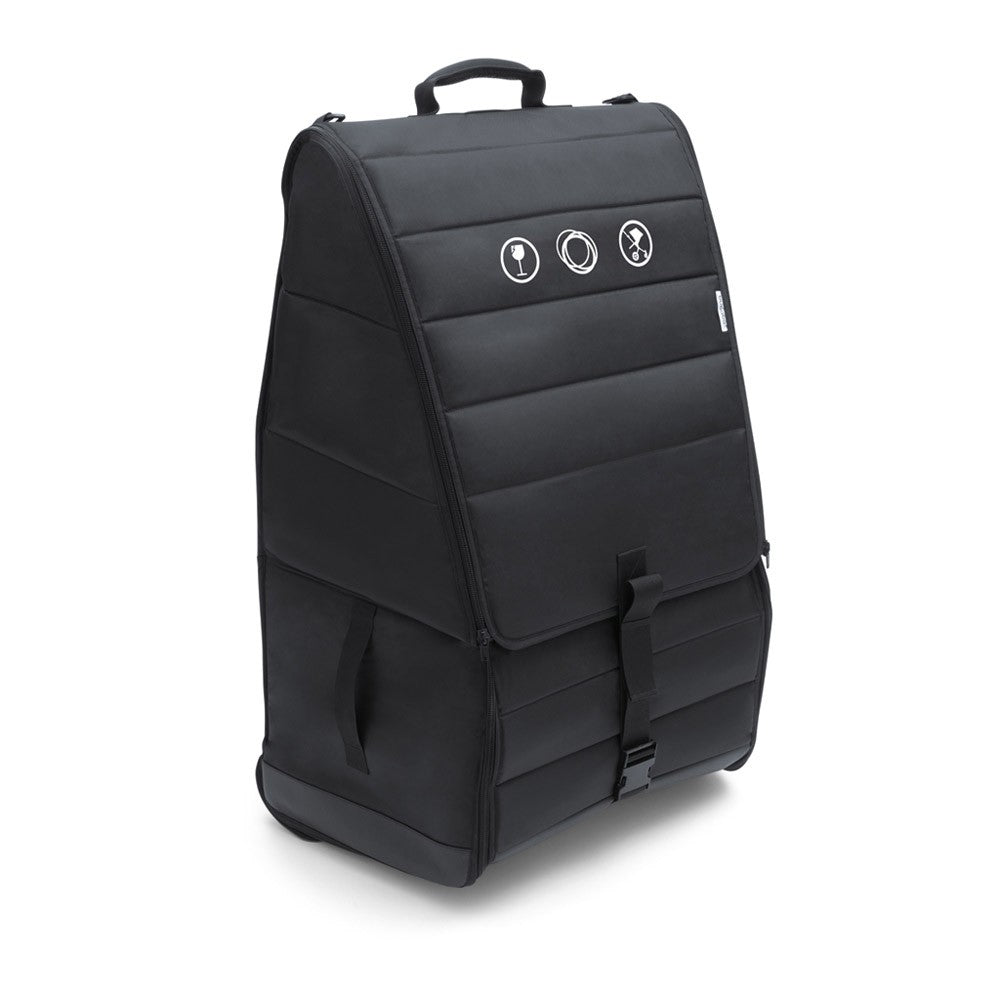 Bugaboo Comfort Transport Bag in black, showing grab handle and shoulder strap for easy stroller travel.