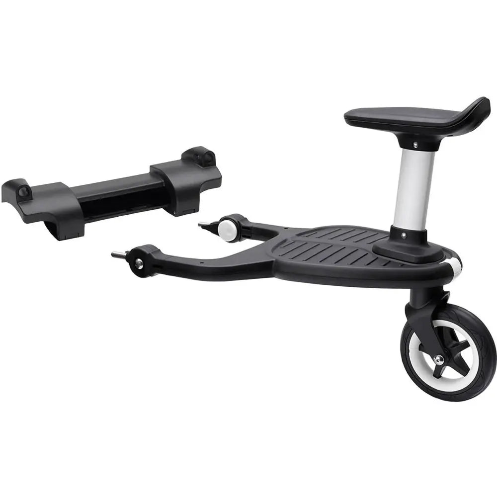 Bugaboo Comfort Wheeled Board Adapters in black with mounting brackets and wheel platform, mounted beside a stroller for a standing child