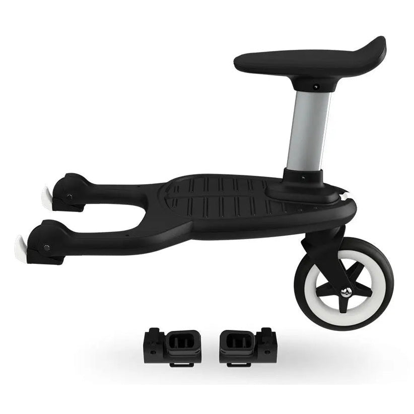 Bugaboo Comfort Wheeled Board Adapters for strollers in black; two adapters shown beside the wheeled board ready to attach.
