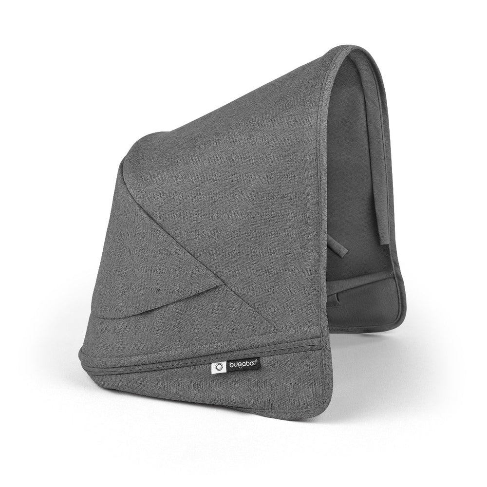 Bugaboo Donkey 6 Sun Canopy in Gray fabric, angled side view.
