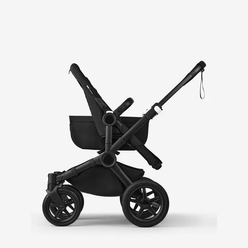 Bugaboo Donkey5 Mono Stroller Complete in black with adjustable handle and large all-terrain wheels.