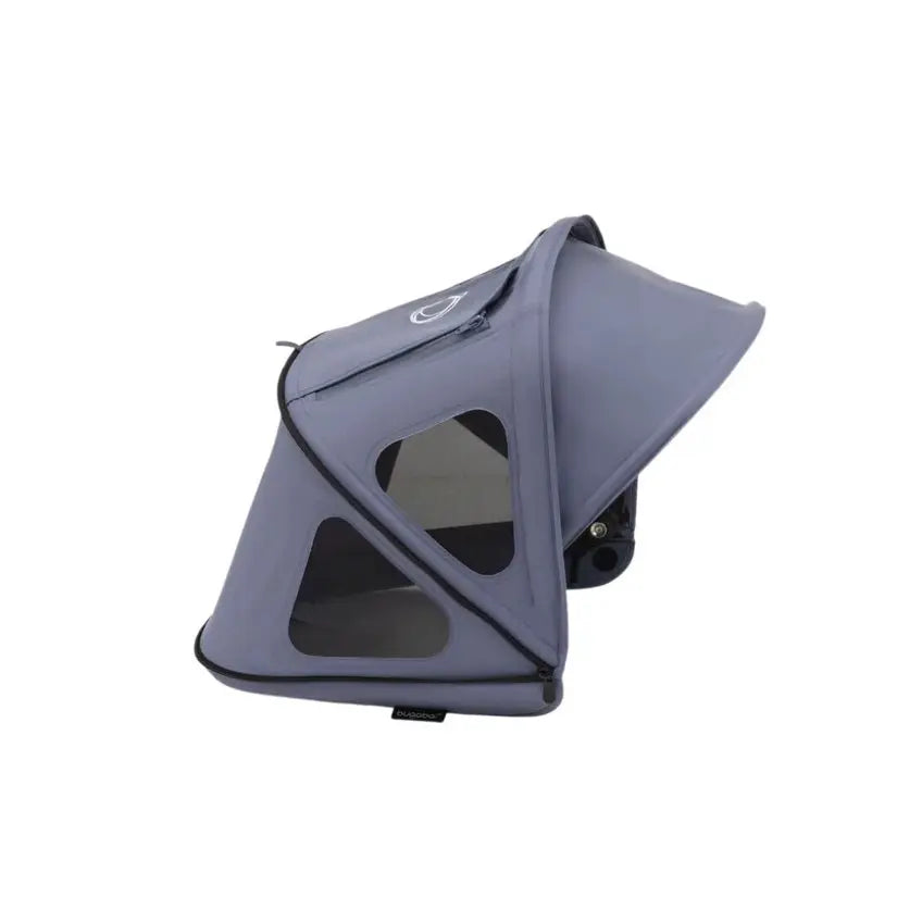 Bugaboo Dragonfly Breezy Sun Canopy in gray with window panels attached to a stroller to shade a baby.