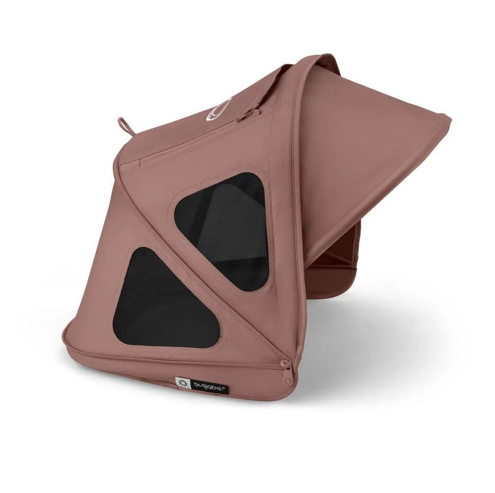 Bugaboo Dragonfly Breezy Sun Canopy in Dusty Rose with triangular window panels.