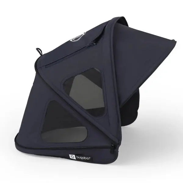 Bugaboo Dragonfly Breezy Sun Canopy in navy, shown attached over a stroller with mesh window panels.