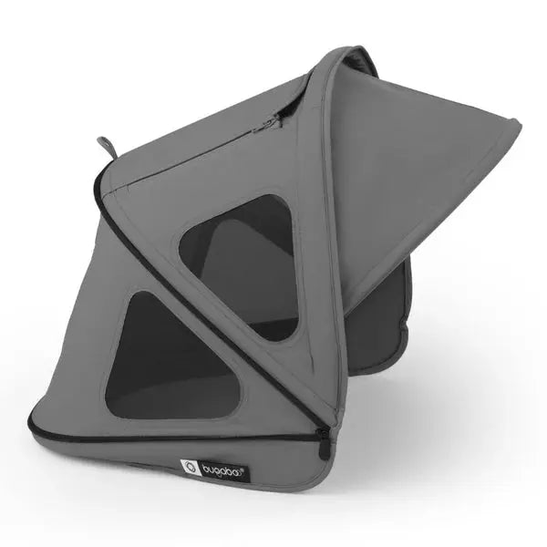 Bugaboo Dragonfly Breezy Sun Canopy on a stroller, gray fabric with breathable mesh windows visible.