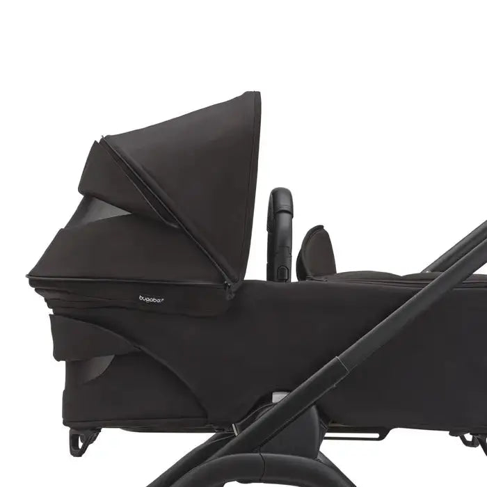 Bugaboo Dragonfly Pram Body Complete in black, showing canopy raised and seat unit attached for easy strolling.