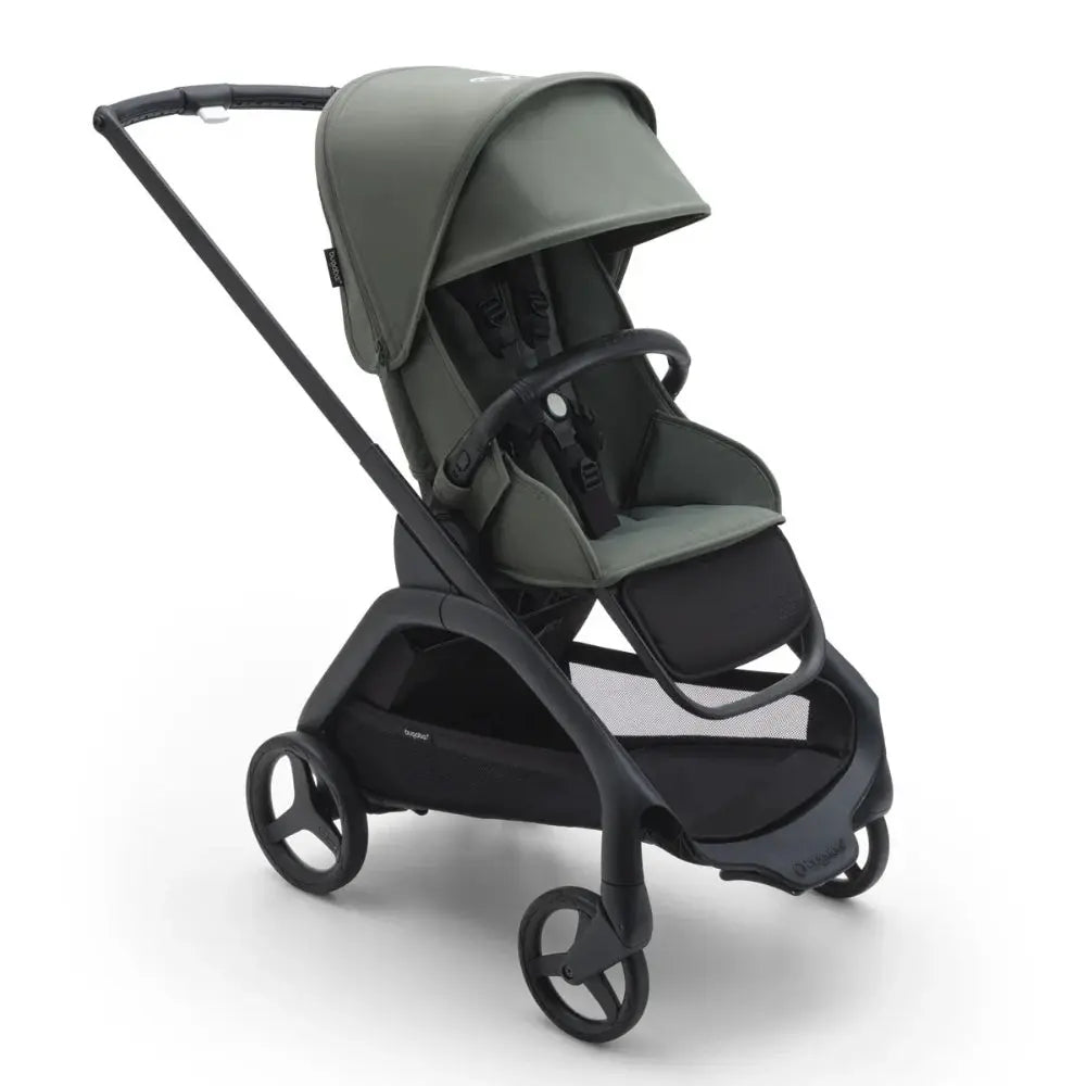 Bugaboo Dragonfly Stroller Complete in grey with extended canopy and 4 wheels, being pushed by the handle.