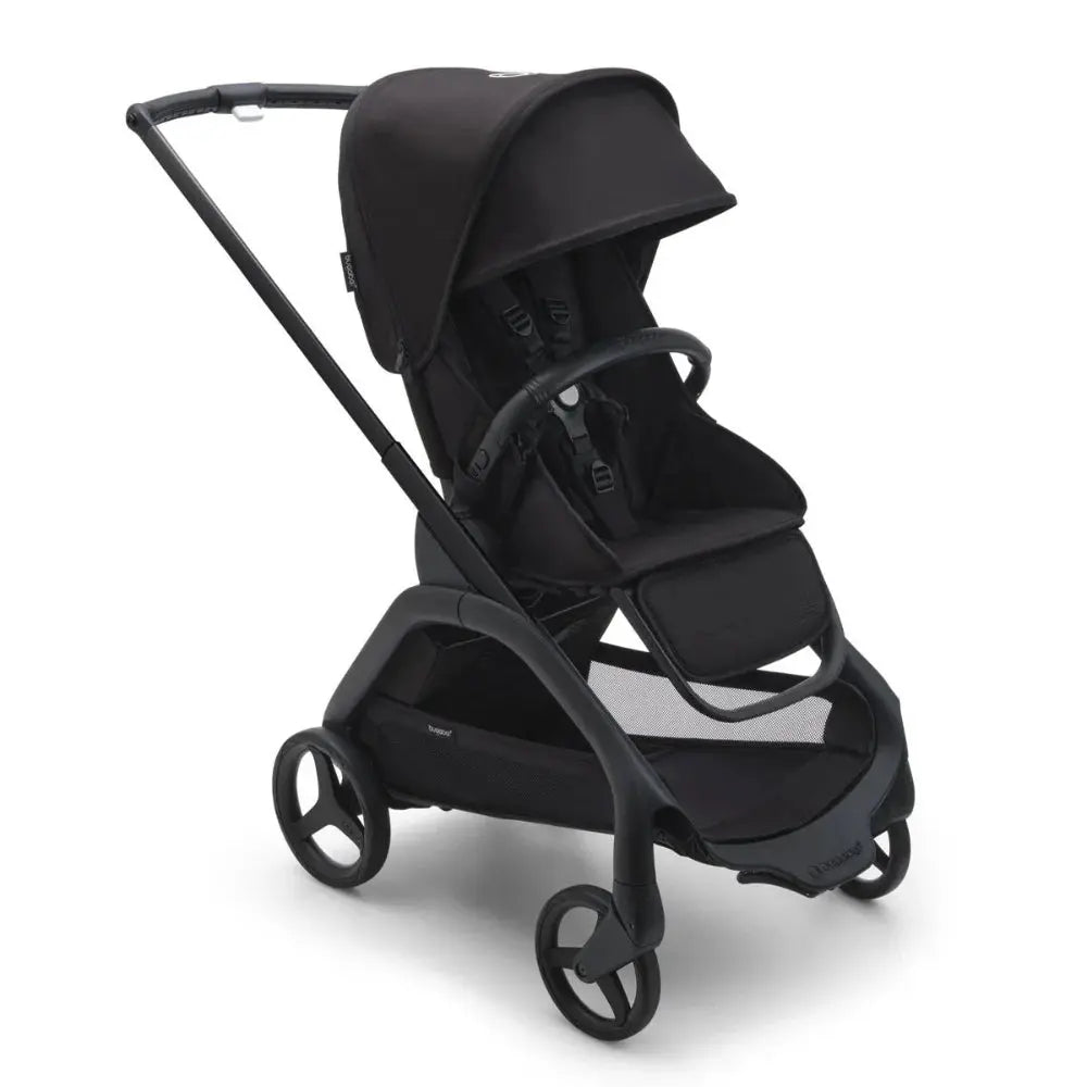 Bugaboo Dragonfly Stroller Complete in black with canopy, seat and mesh storage basket, ready for a stroll.