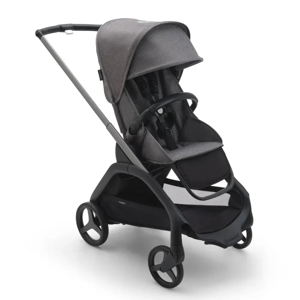 Bugaboo Dragonfly Stroller Complete in gray fabric with aluminum frame, showing a 5-point harness and mesh storage basket.