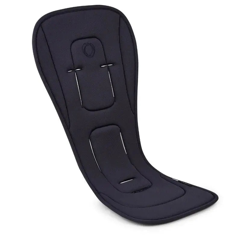 Bugaboo Dual Comfort Seat Liner in navy fabric laid flat, showing attachment points for stroller compatibility.