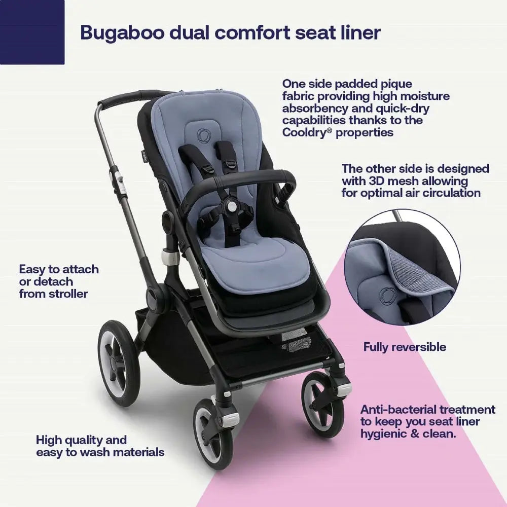 Bugaboo Dual Comfort Seat Liner in piqué fabric attached to stroller, showing easy attach/detach and reversible design.