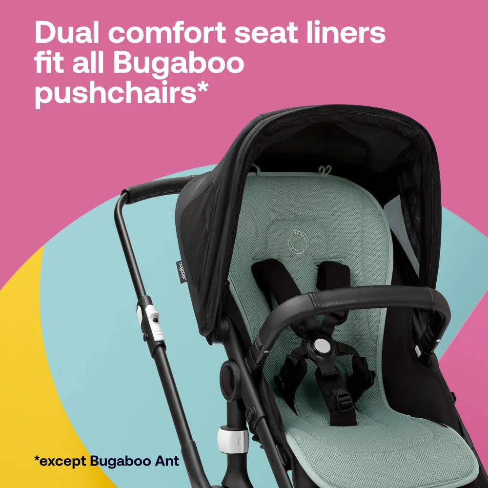 Bugaboo Dual Comfort Seat Liner mint green secured in a Bugaboo stroller, showing breathable padded fabric and harness fit.