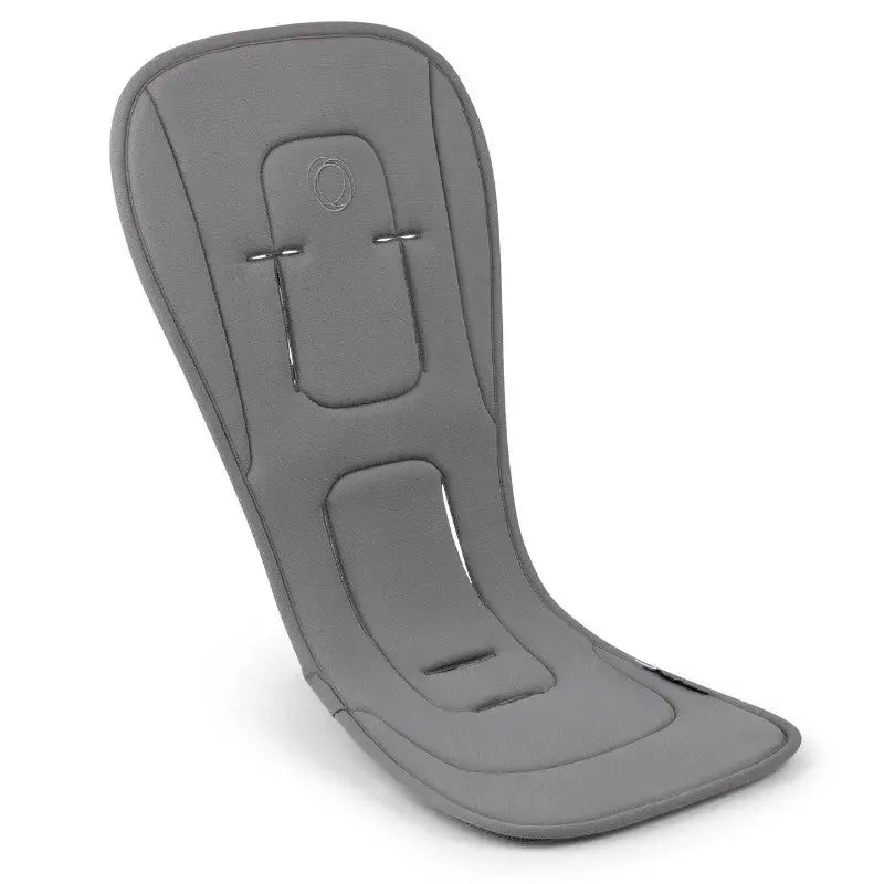 Bugaboo Dual Comfort Seat Liner in gray fabric, shown laid flat to reveal cushioned backrest and seat cushion.
