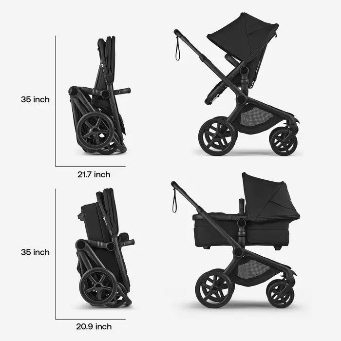 Bugaboo Fox 5 Renew Complete Stroller in black, folded and unfolded to show compact fold and large wheels.