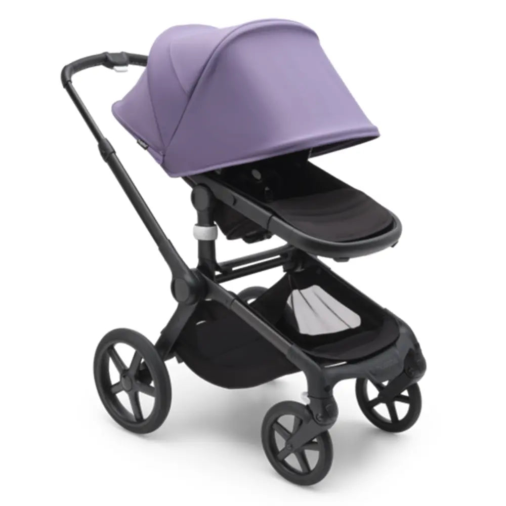 Bugaboo Fox 5 Sun Canopy on a purple stroller with black frame, shading the seat.