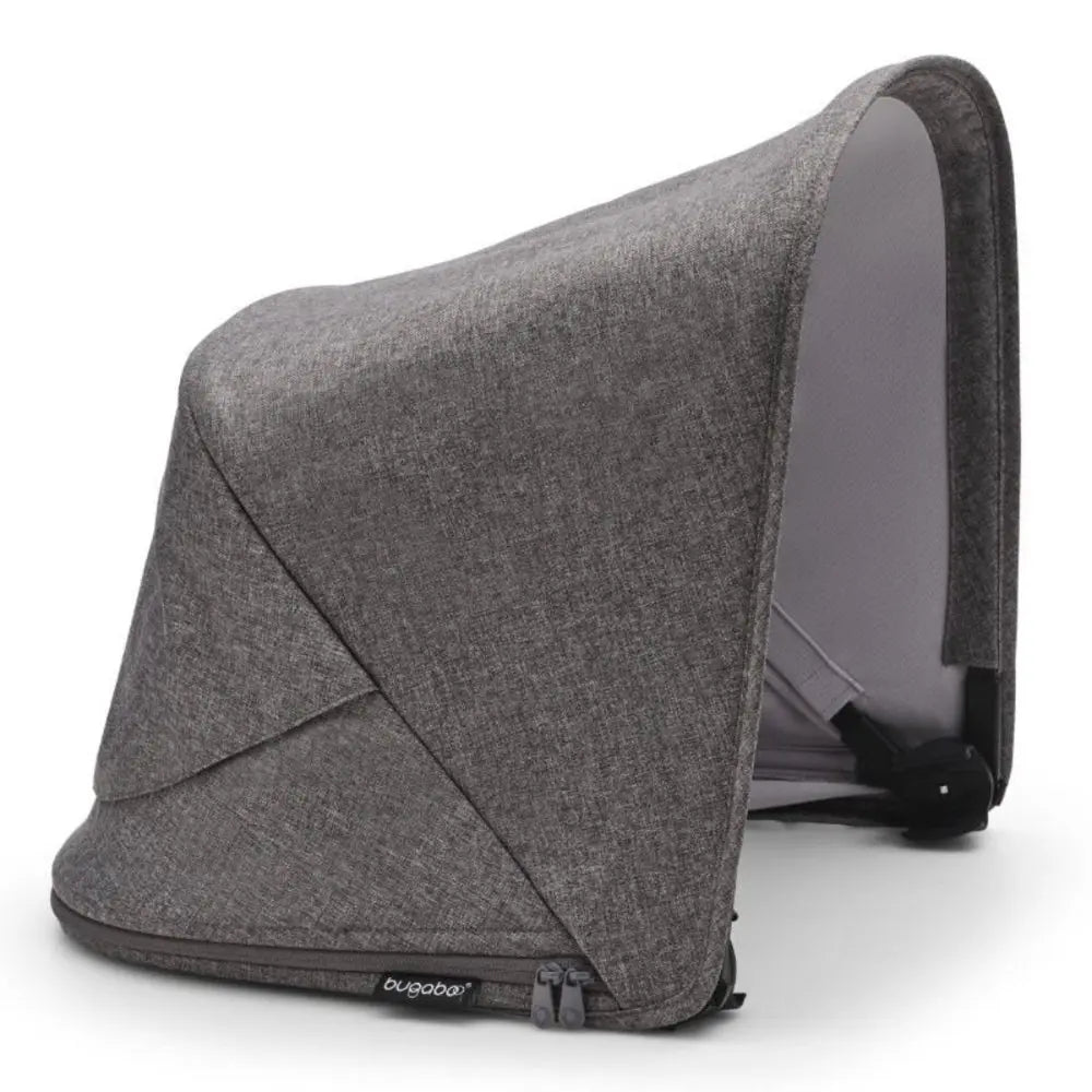Bugaboo Fox 5 Sun Canopy in gray fabric attached over the stroller frame with a visible zipper pull.