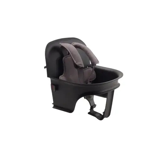 Bugaboo Giraffe Baby Set high chair accessory in black, showing padded safety harness secured to the seat.