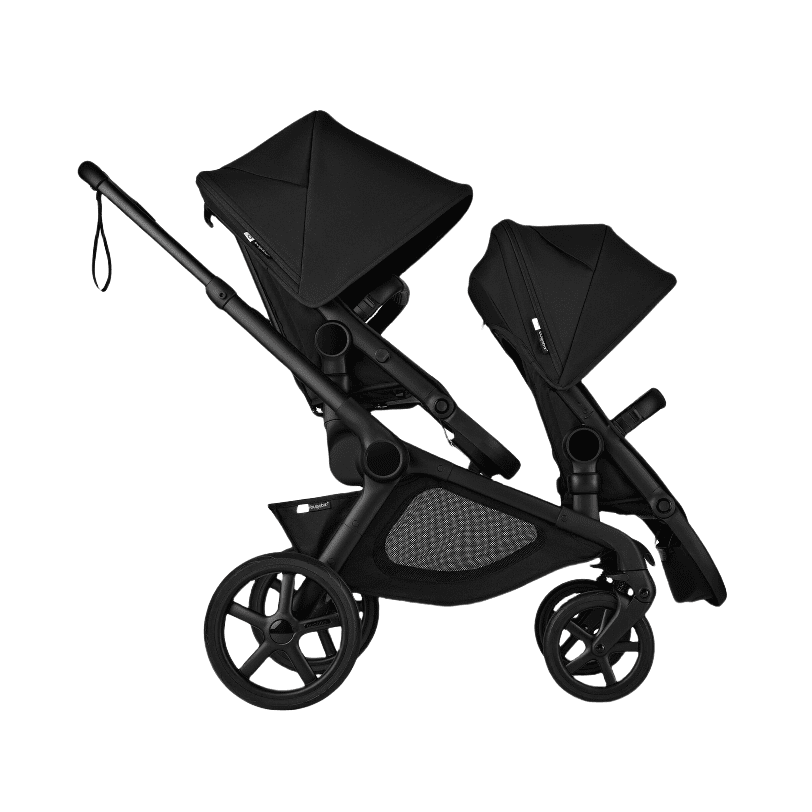 Bugaboo Kangaroo Complete Stroller in black, a double stroller with two canopies and mesh storage below.