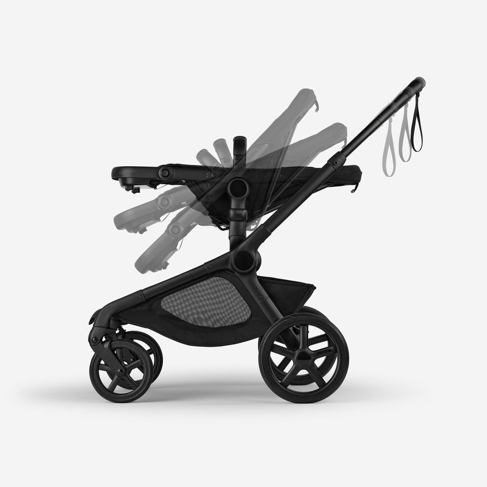 BUGABOO Kangaroo Complete Stroller in black, showing adjustable handle and foldable frame in action.
