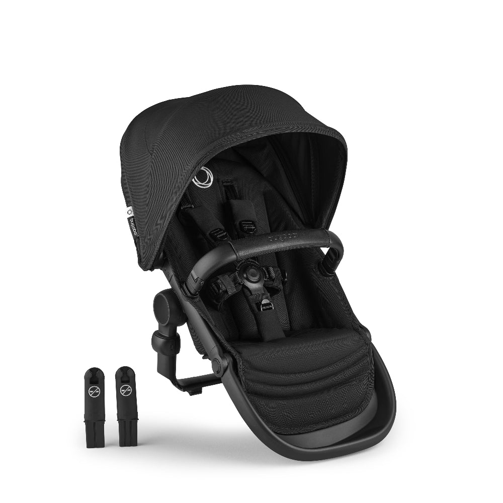 Bugaboo Kangaroo Sibling Seat in black with harness; adapters shown beside for stroller attachment.