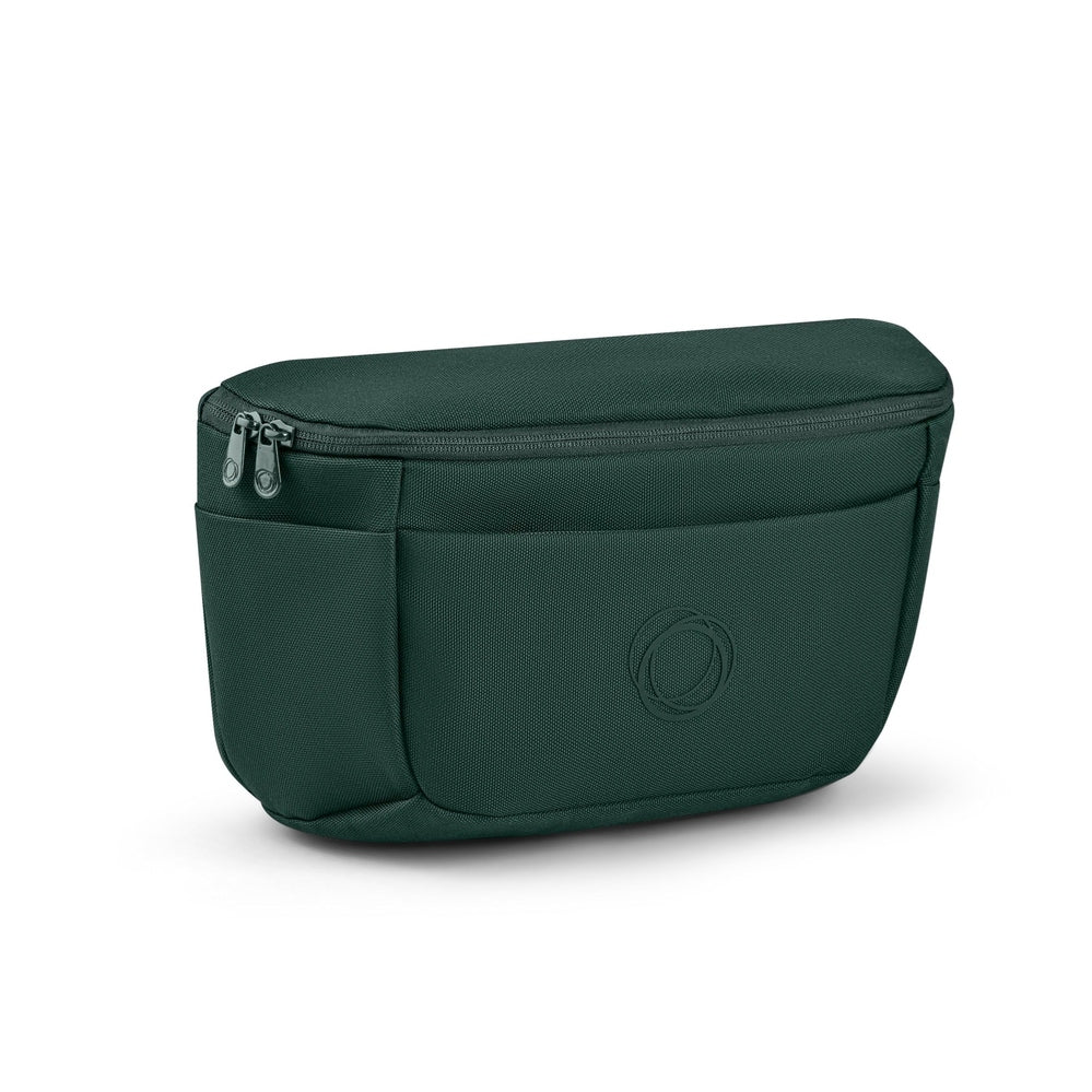 Bugaboo Organizer in forest green featuring durable fabric, dual zipper pulls, front pocket, and embossed circular logo