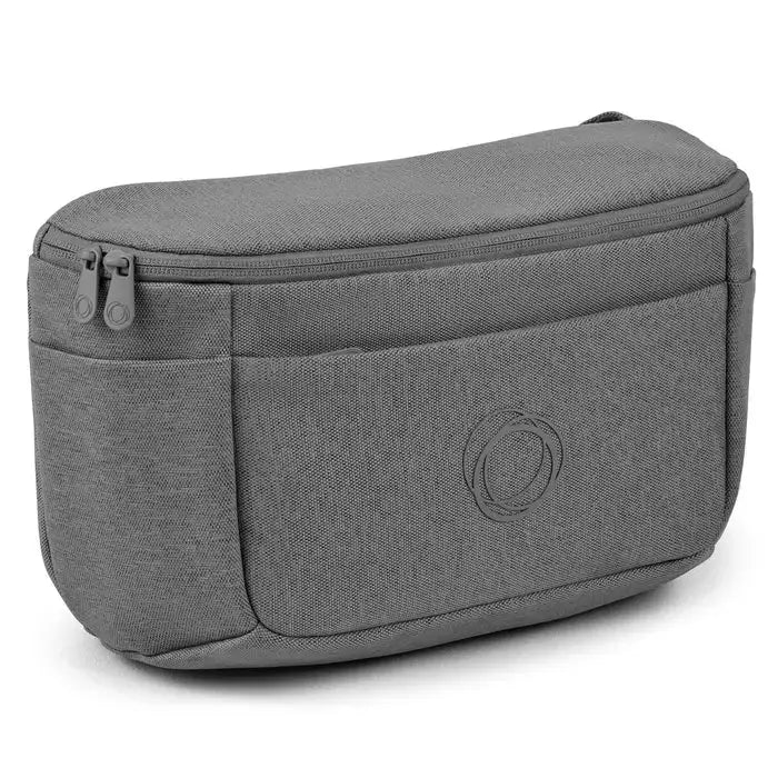 Bugaboo Organizer in grey fabric with zip top and front pocket, shown attached to a stroller.