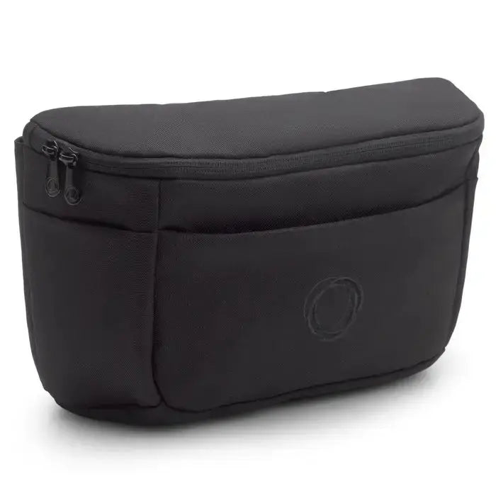 Bugaboo Organizer in black fabric with zip pockets and front pouch, shown with dual zippers.