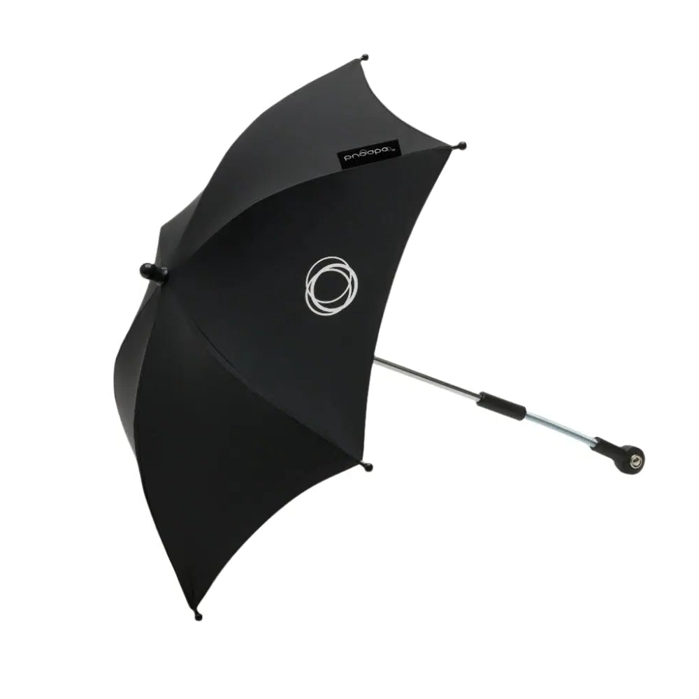 Bugaboo Parasol+ black stroller umbrella with aluminum shaft, shown extended for sun protection.