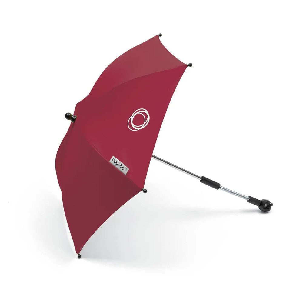 Bugaboo Parasol+ red stroller parasol with silver telescoping shaft and black mounting fittings, shown extended.