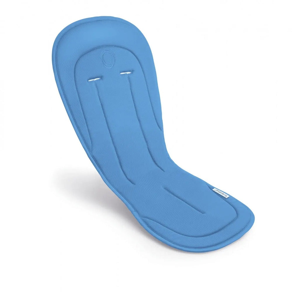 BUGABOO Seat Liner in blue fabric, padded stroller insert with contoured seams, laid flat.