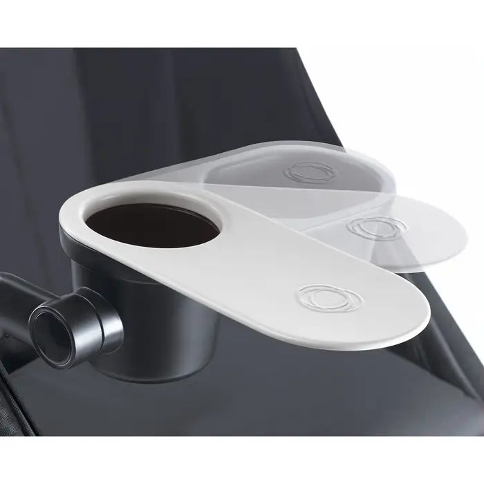 BUGABOO Snack Tray, white oval stroller accessory with dual cup holders and mounting clamp.