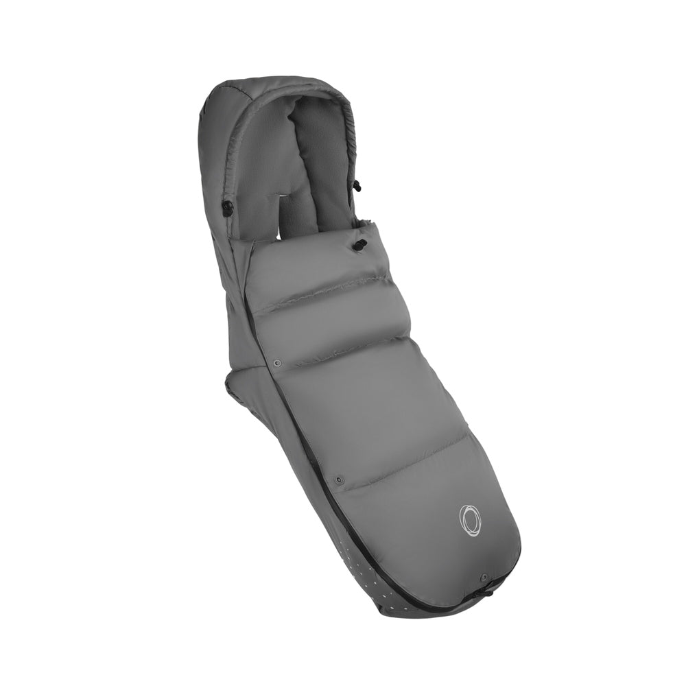 BUGABOO THERMOLITE Performance Footmuff in gray, attached to a stroller to keep baby warm.
