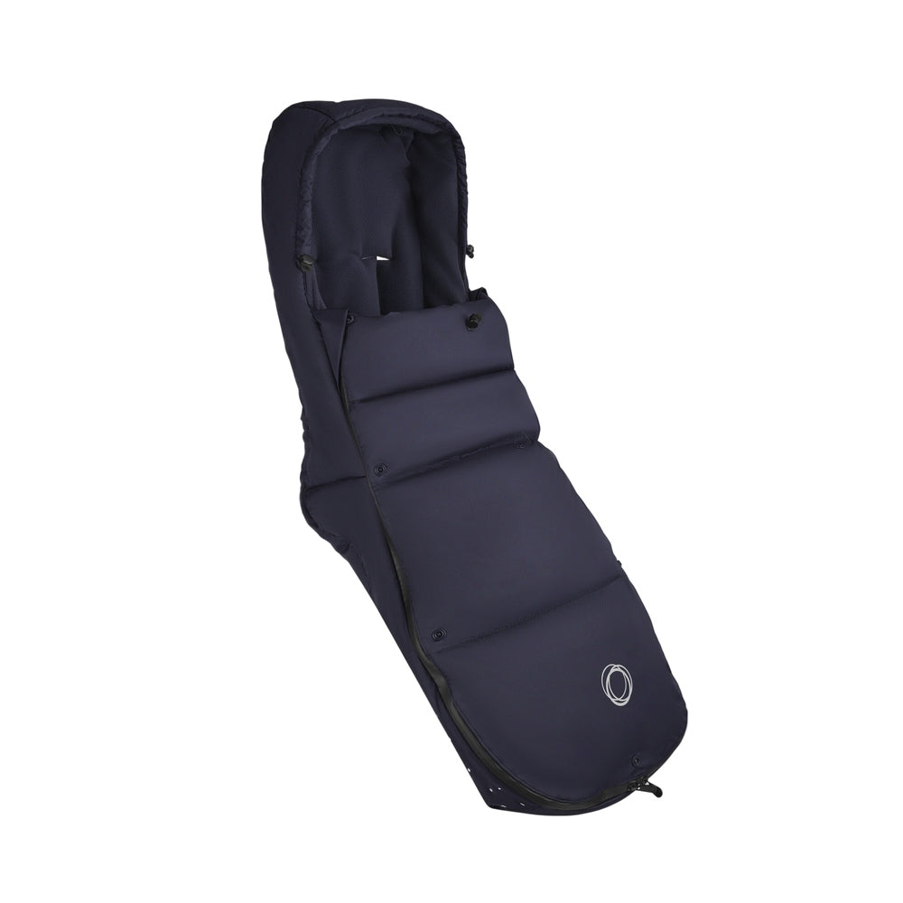 BUGABOO THERMOLITE Performance Footmuff in navy, quilted with hood open, ready for winter stroller use.