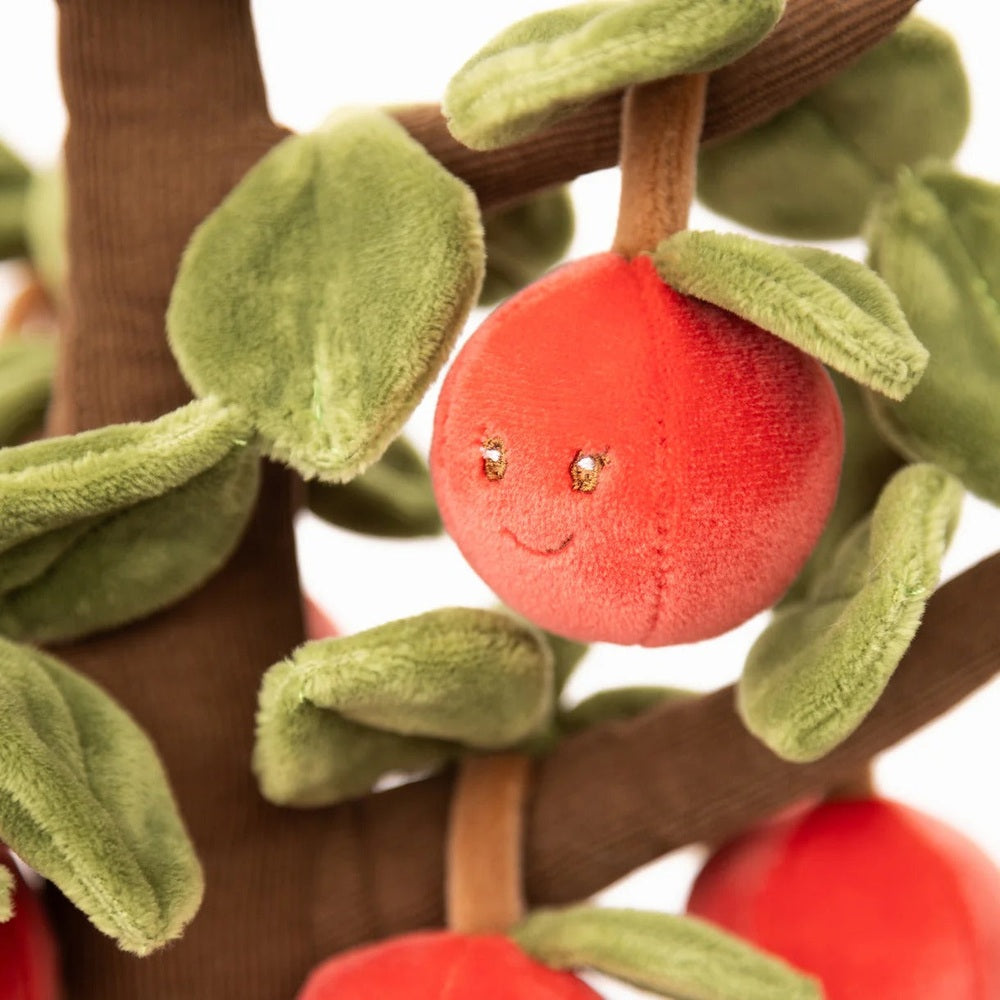 Bukowski Bears Apple Tree stuffed animal, red plush apple on a brown branch with green leaves and a smiling face