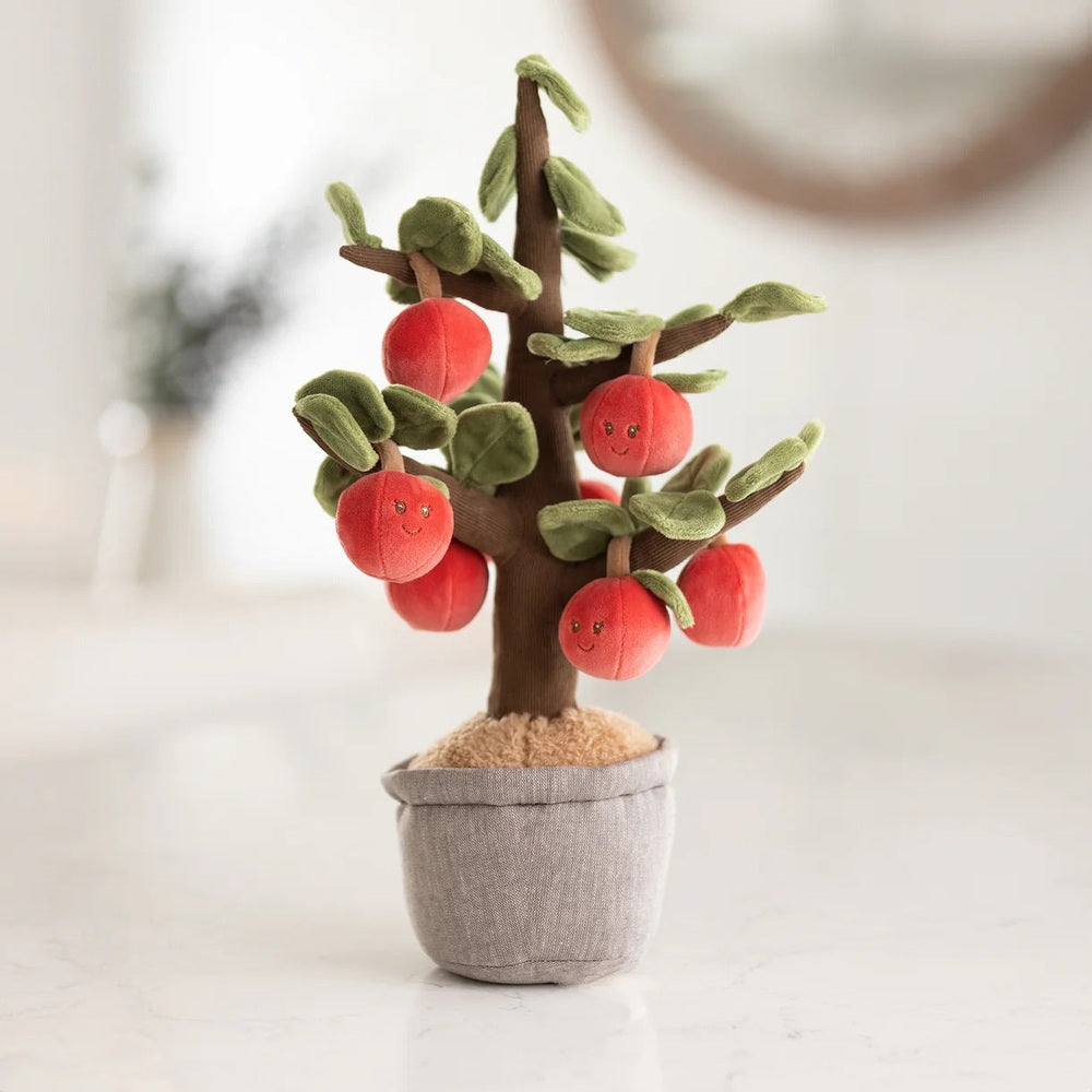 Bukowski Bears Apple Tree stuffed toy with red plush apples clinging to a brown trunk in a soft grey pot