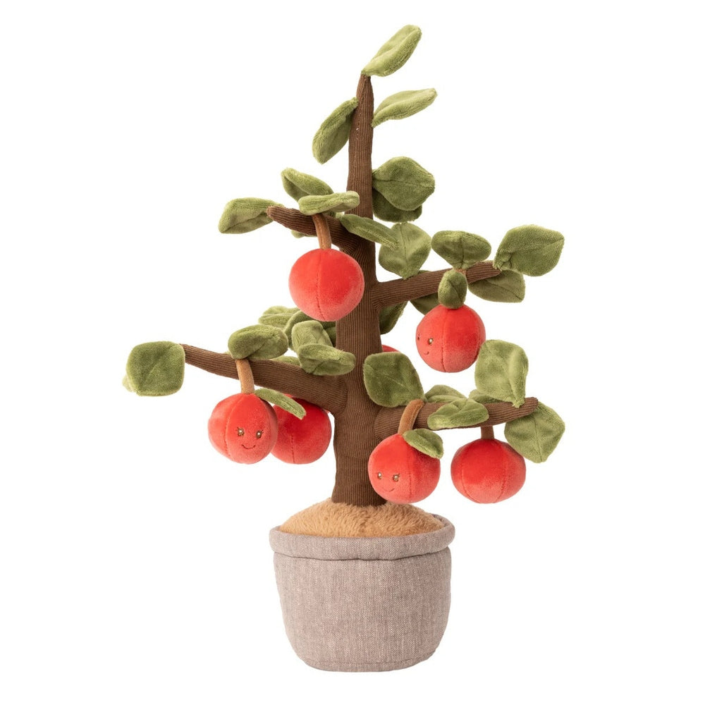 Bukowski Bears Apple Tree plush toy with green leaves and red apples hanging from brown branches in a fabric pot.