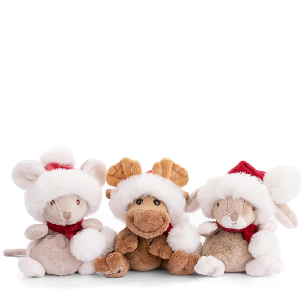 Bukowski Bears Baby Benny X-Mas stuffed animals: three plush bears in Santa hats and red scarves, cozy holiday toys