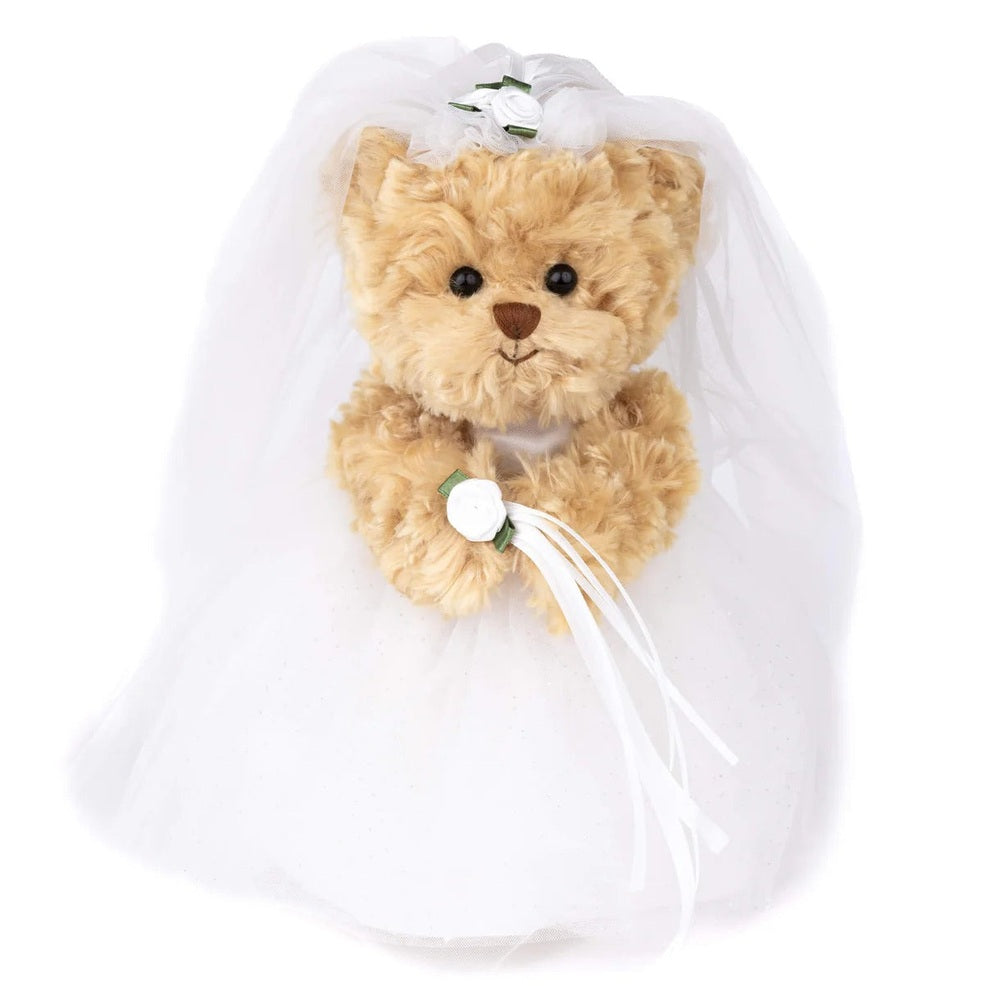 Bukowski Bears Bride stuffed animal, a tan teddy wearing a bridal veil with flower headpiece and bouquet ribbons.
