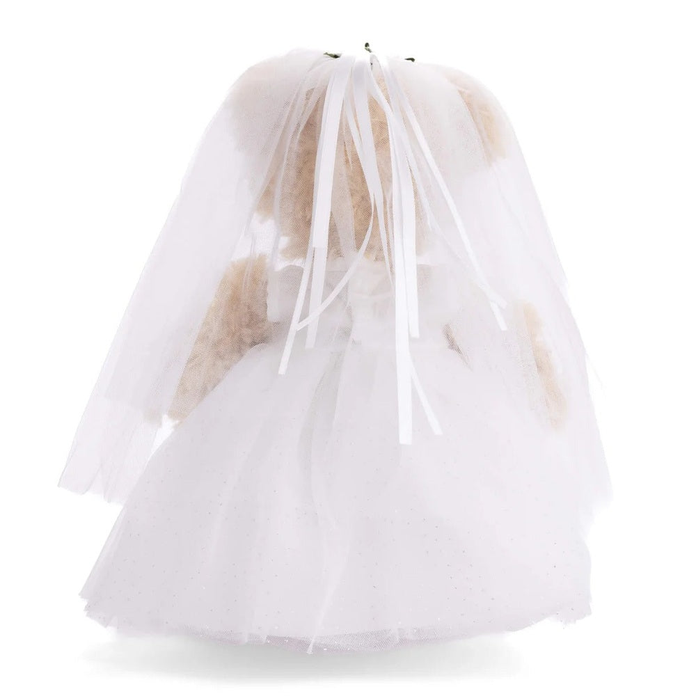 Bukowski Bears Bride stuffed animal in a white wedding dress and veil with ribbons, a soft plush toy.