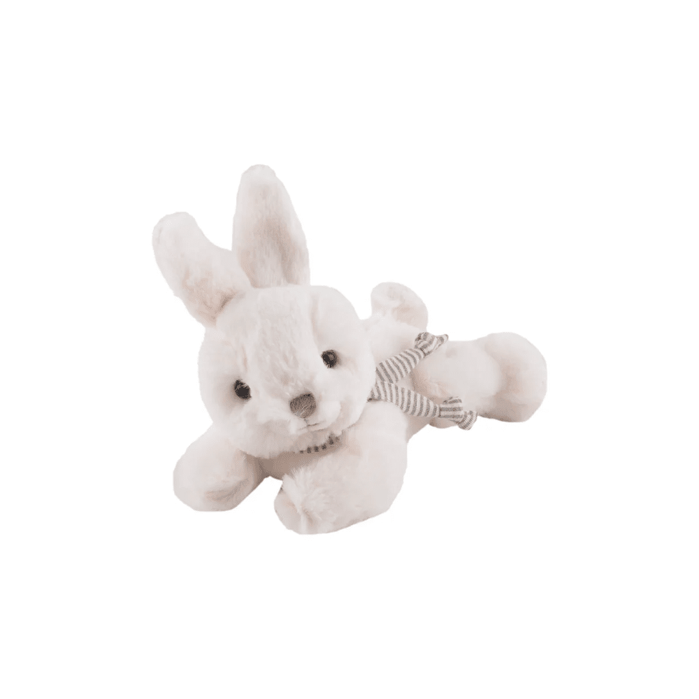 Bukowski Bears Bunny Coco stuffed animal, white plush bunny with gray striped ribbon, cozy toy.