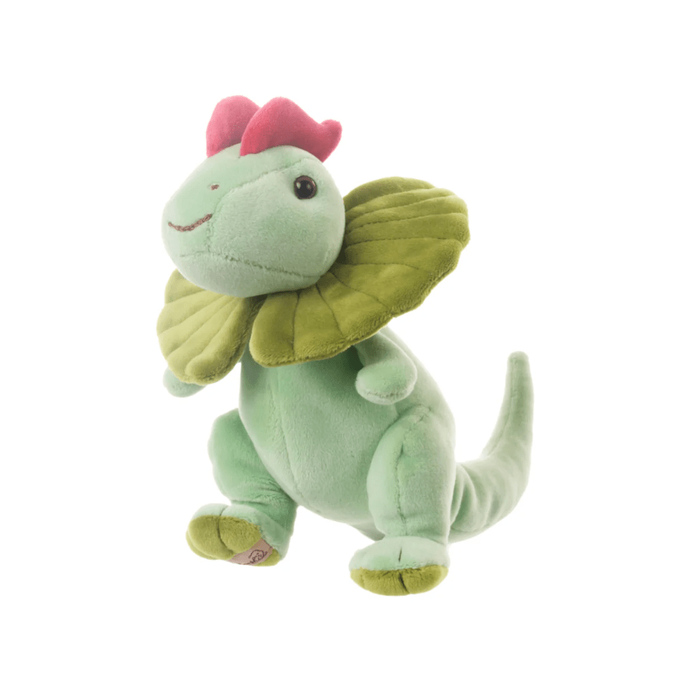 Bukowski Bears Dilo stuffed dinosaur plush toy in light green with pink crest and leafy collar.
